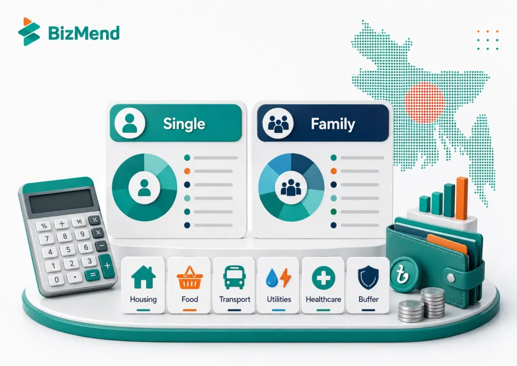Monthly budget breakdown in Bangladesh for single person and family covering housing, food, transport, utilities, healthcare and savings buffer