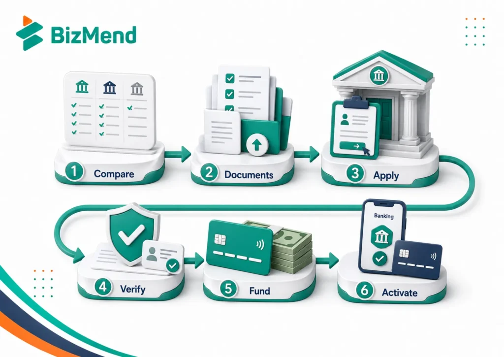 Step-by-step national bank account application process from comparing banks and gathering documents to applying, verification, funding, and activation.