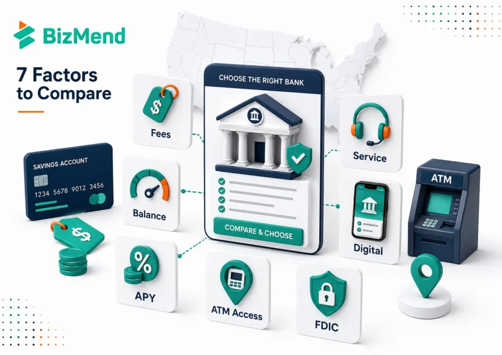 Seven key factors to compare before choosing a national bank in the US, including fees, balance, APY, ATM access, FDIC coverage, digital banking, and service.