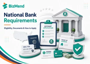 National bank requirements guide showing account application, ID, SSN or ITIN, address proof, opening deposit, and approval checklist.