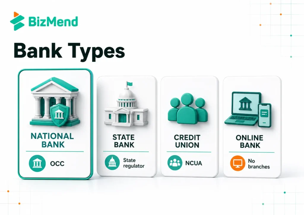 Comparison of national bank, state bank, credit union and online bank in the US