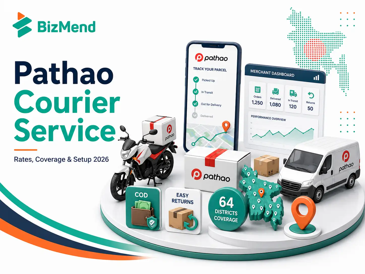 Pathao courier service for ecommerce businesses in Bangladesh with COD, parcel tracking, merchant dashboard and 64 district delivery coverage