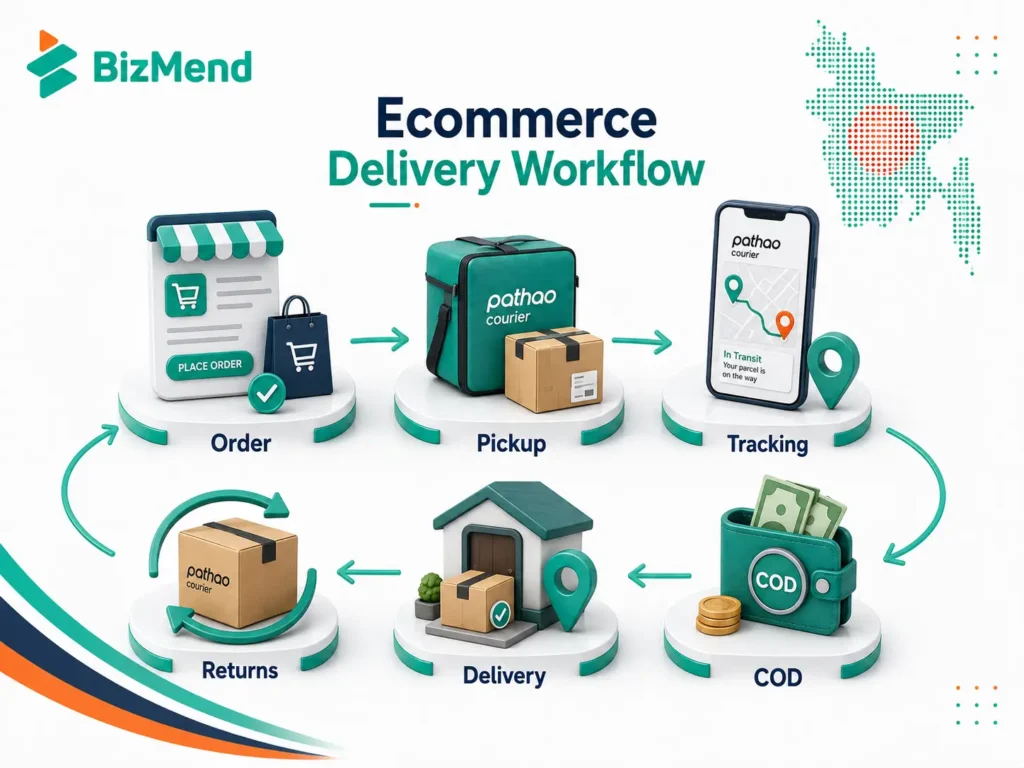 Pathao ecommerce delivery workflow showing order pickup tracking COD delivery and return process for online sellers in Bangladesh