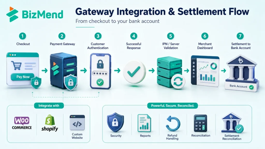 Payment gateway integration flow in Bangladesh for WooCommerce, Shopify, and custom websites with settlement process