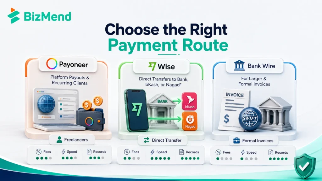 Comparison of Payoneer Wise and bank wire for receiving international payments in Bangladesh
