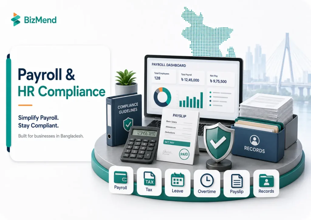 Payroll and HR compliance setup in Bangladesh with salary structure, tax, leave, overtime, payslip and employee records