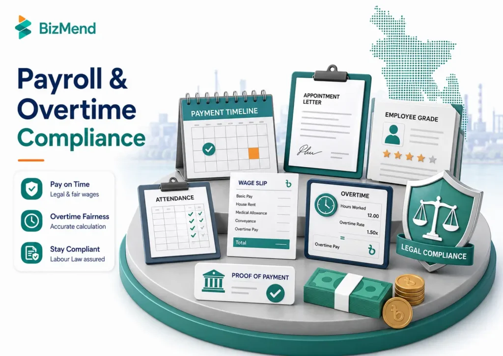 Payroll and overtime compliance for minimum wage in Bangladesh with wage slip, attendance and payment records