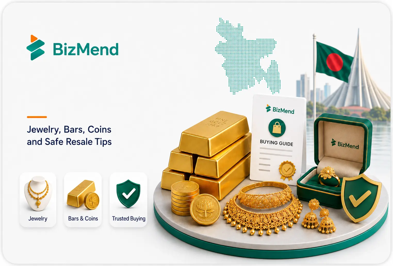 Physical gold buying guide in Bangladesh featuring jewelry, gold bars, coins, and safe resale tips