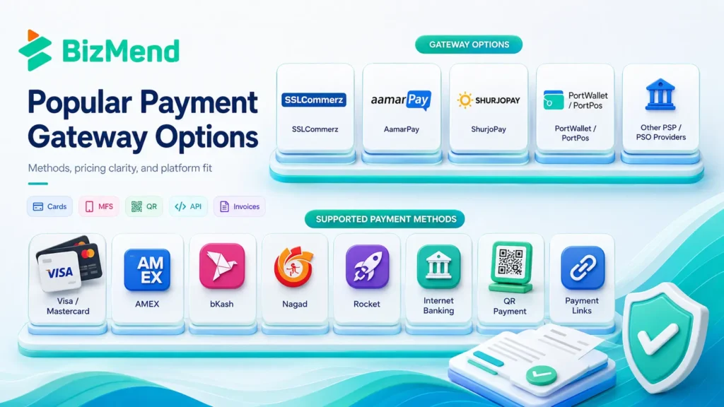 Popular payment gateways in Bangladesh with cards, bKash, Nagad, QR, and online payment methods