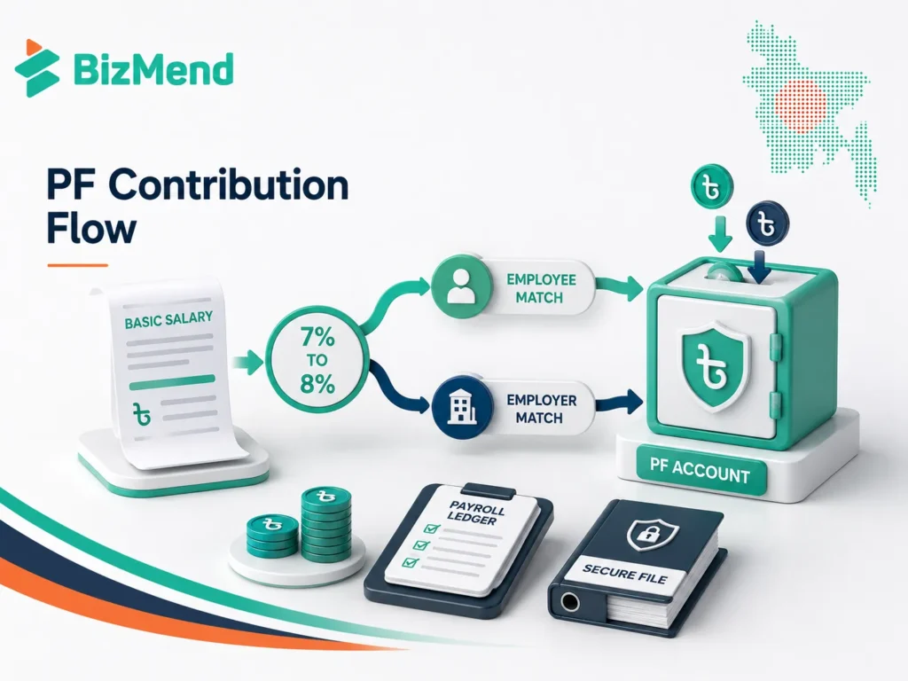 Provident fund contribution flow in Bangladesh showing employee and employer matching