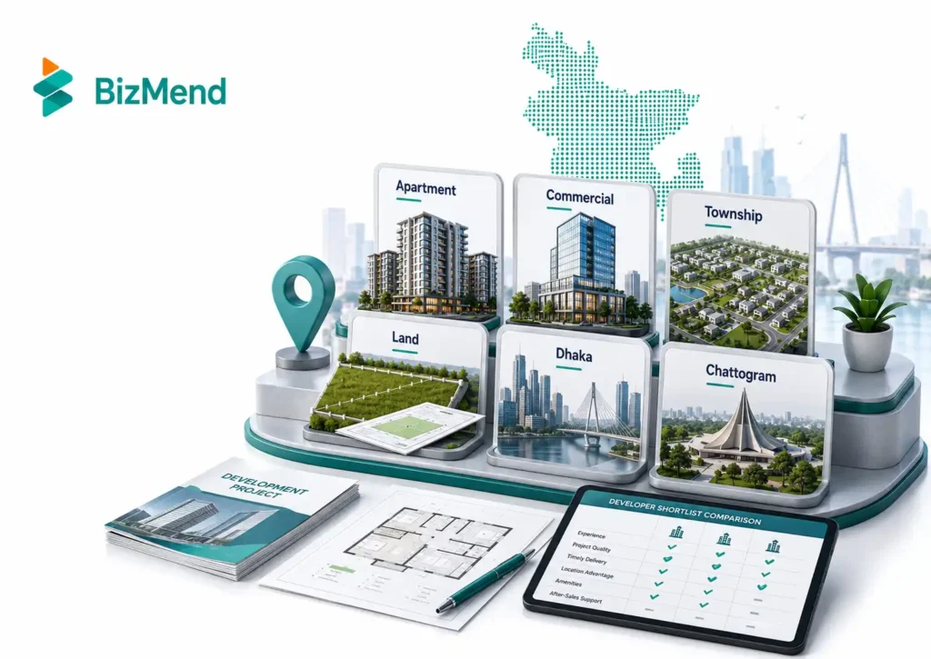 Real estate developer shortlist in Bangladesh showing apartment, commercial, township, land, Dhaka and Chattogram property project categories