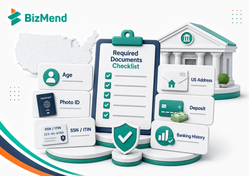 Required documents checklist for opening a national bank account, including age, photo ID, SSN or ITIN, US address, deposit, and banking history.