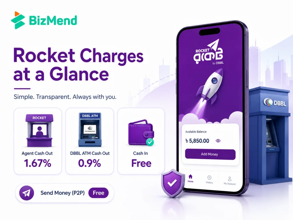 Rocket cash out charges comparison for agent DBBL ATM and branch withdrawals in Bangladesh