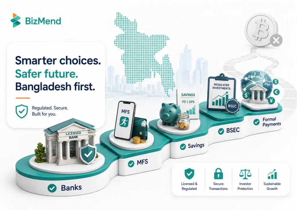 Safer regulated alternatives to cryptocurrency in Bangladesh including banks MFS savings and BSEC options