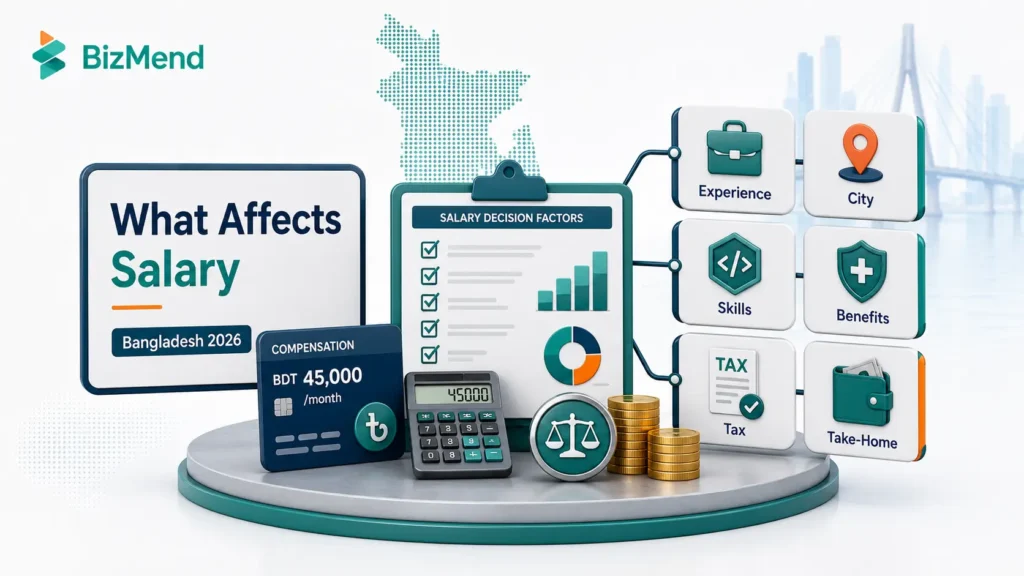 Salary factors in Bangladesh including experience, city, skills, benefits, tax and take-home pay calculation