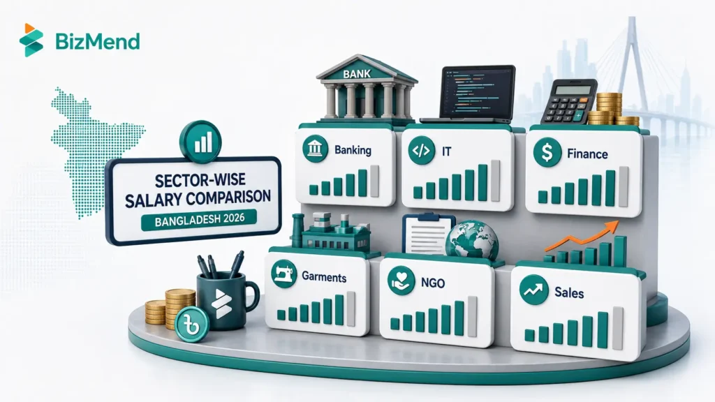 Sector-wise salary comparison in Bangladesh 2026 showing banking, IT, finance, garments, NGO and sales salary ranges