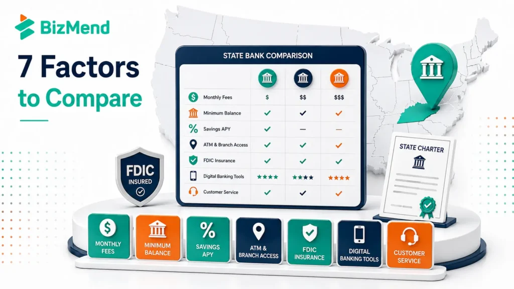 State bank comparison factors including monthly fees, minimum balance, APY, branch access, FDIC insurance, digital tools, and customer service