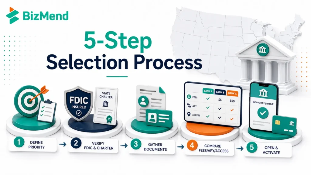 Five step process to choose a state bank in the US by defining priorities, verifying FDIC status, checking documents, comparing fees, and opening an account