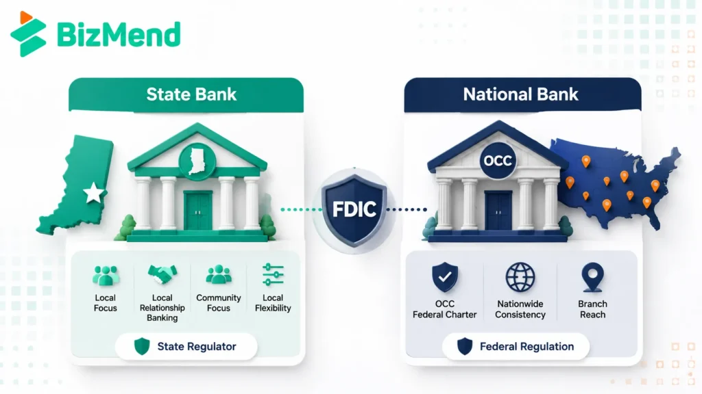 State bank vs national bank comparison showing local focus, OCC oversight, FDIC protection, and branch reach