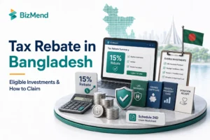Tax rebate in Bangladesh guide showing eligible investments, 15% rebate, Schedule 24D, and e-Return claim process.