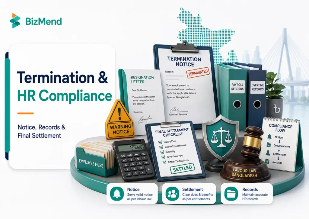 Bangladesh labour law termination and HR compliance infographic showing resignation, retrenchment, final settlement, payroll records, notices, and worker dues