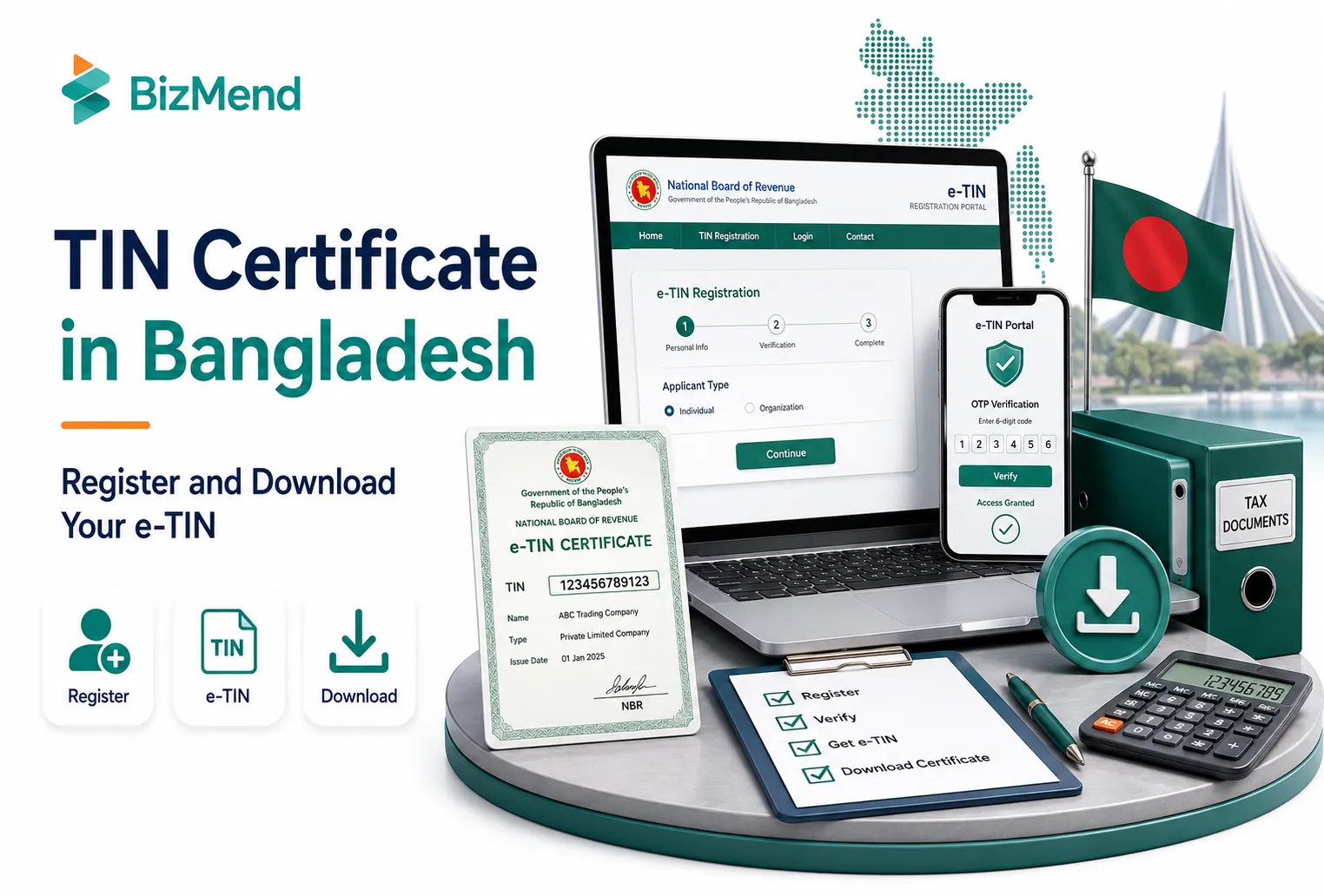 TIN certificate in Bangladesh guide showing e-TIN registration portal, certificate download, NBR verification, and tax documents.