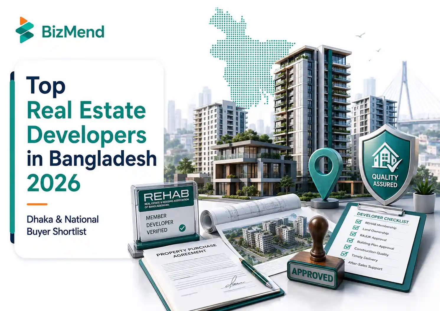 Top real estate developers in Bangladesh 2026 with Dhaka skyline, apartment projects, buyer checklist, REHAB verification and property approval documents