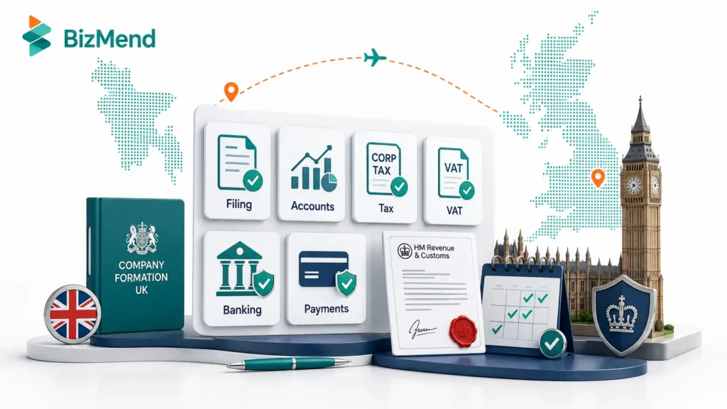 UK LTD compliance dashboard showing annual filing, accounts, Corporation Tax, VAT, banking, and payment readiness for Bangladeshi founders
