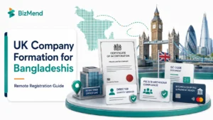 UK company formation for Bangladeshis showing remote LTD registration, Companies House certificate, registered office, director ID check, banking, and payment readiness