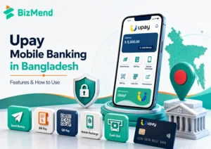 Upay mobile banking in Bangladesh with wallet features, payments, recharge, cash out, and digital finance icons