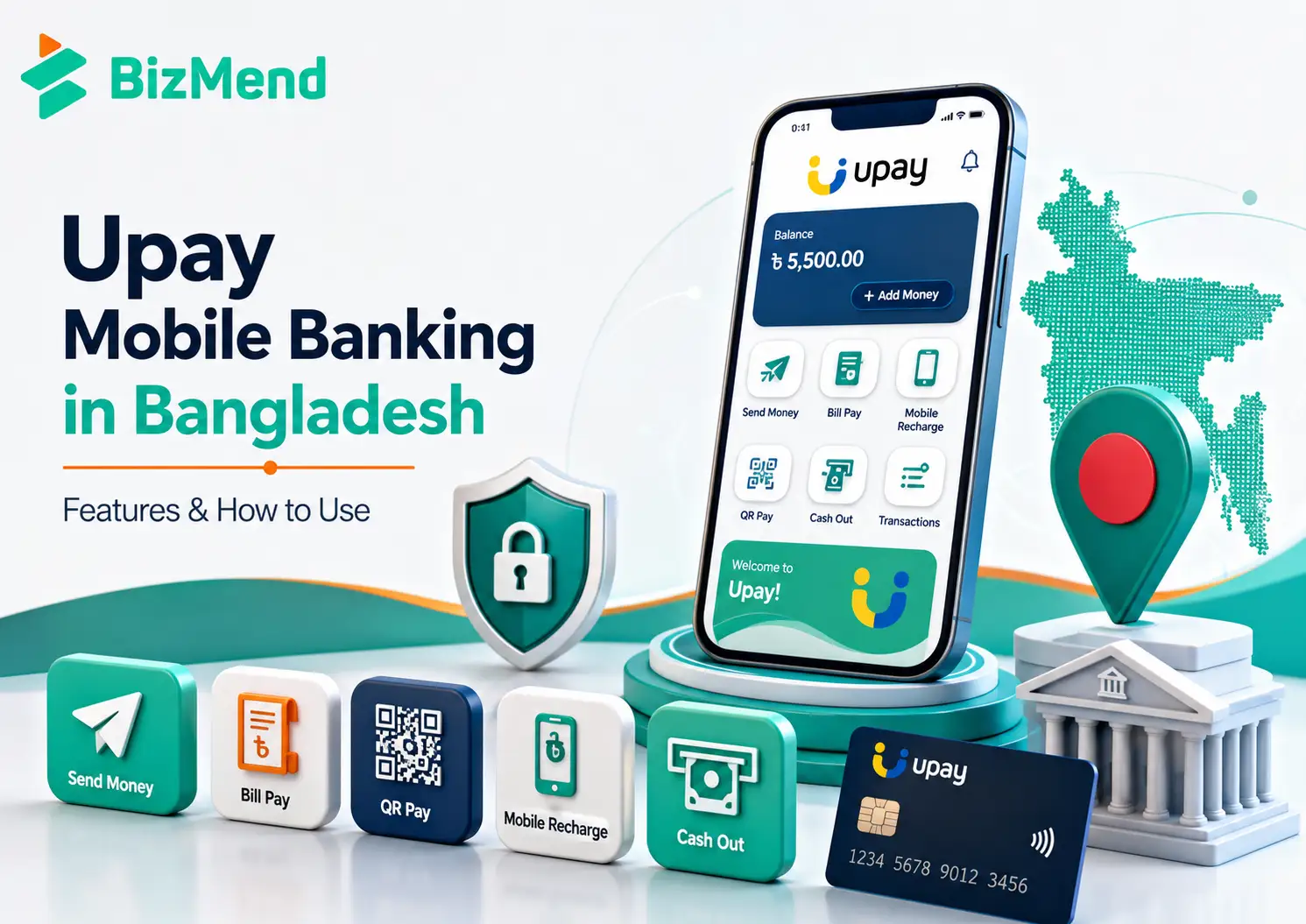 Upay mobile banking in Bangladesh with wallet features, payments, recharge, cash out, and digital finance icons