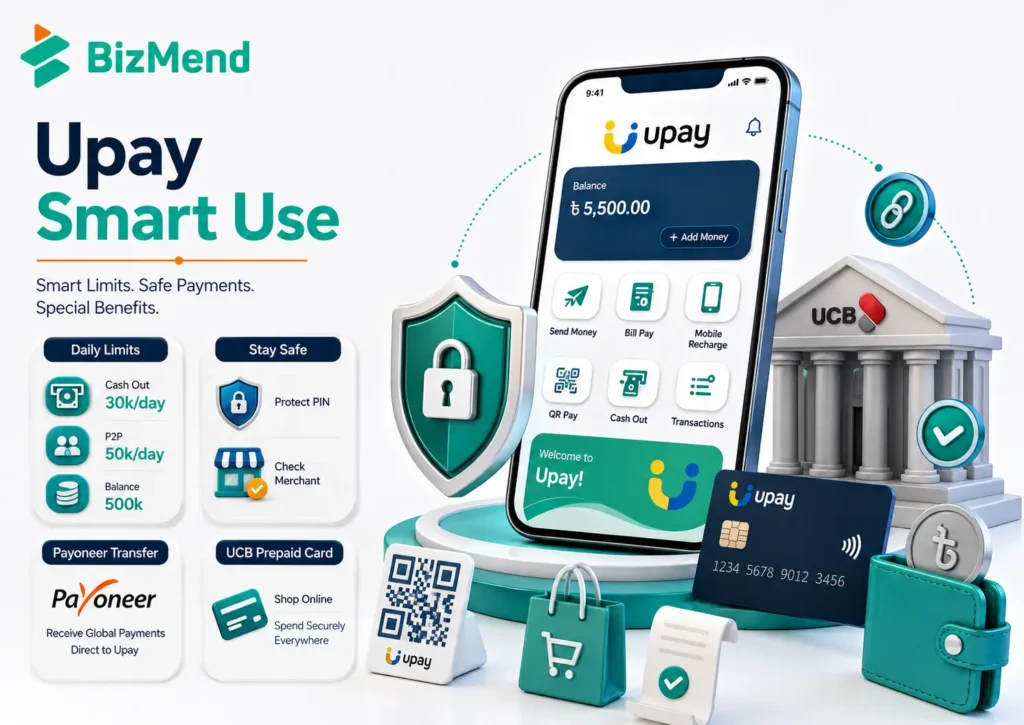 Illustration of opening and using an Upay account in Bangladesh with app setup, account registration, and mobile banking steps