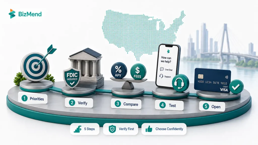 Five steps to choose the right online bank by ranking priorities, verifying the bank, comparing fees, testing support, and opening the account
