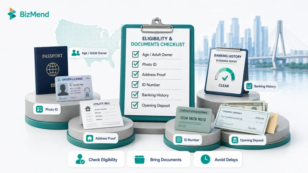 Bank branch eligibility and documents checklist with photo ID, address proof, identification number, and opening deposit