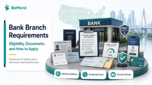 Bank branch requirements including eligibility, identity documents, address proof, screening, and account funding