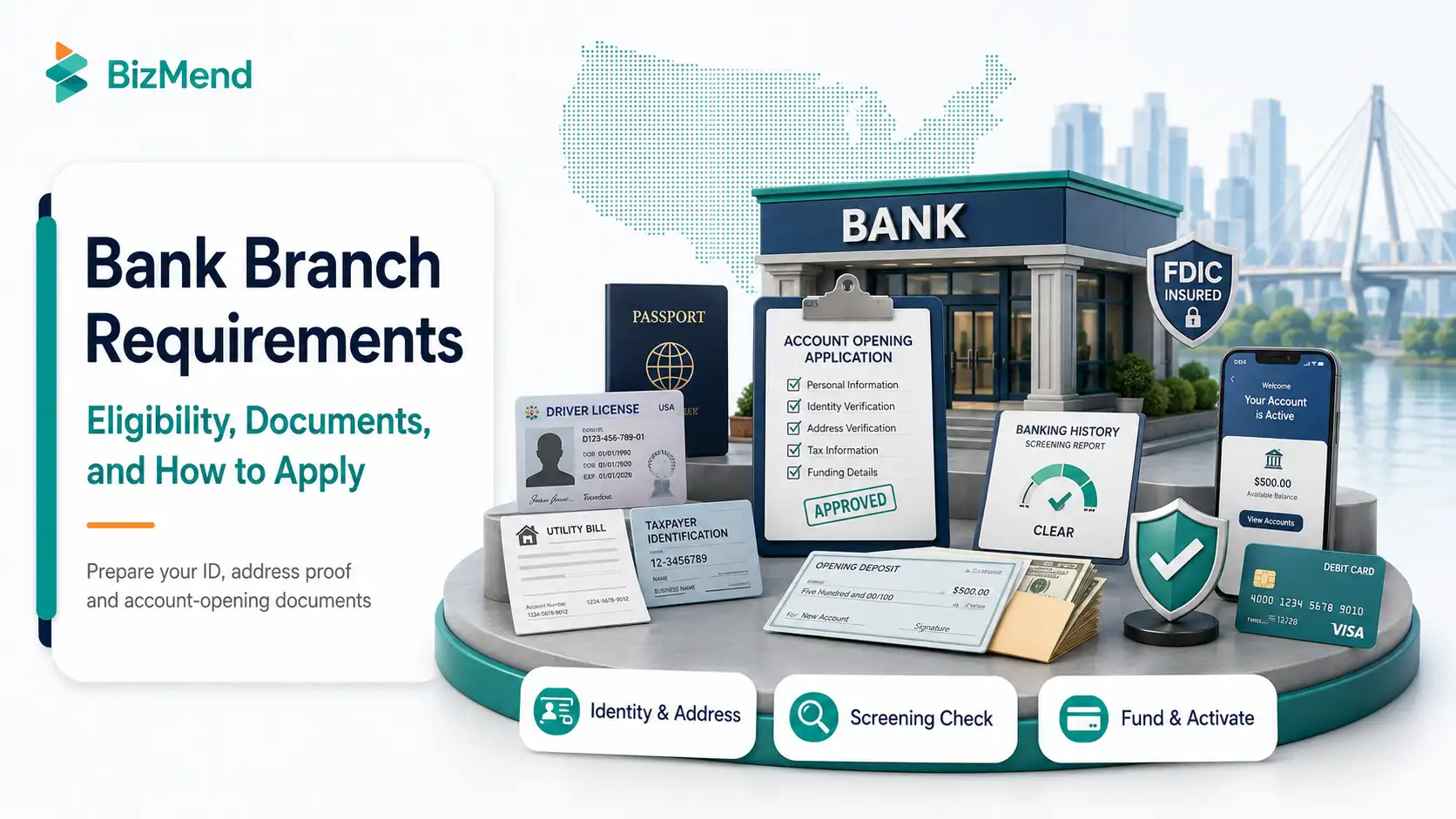 Bank branch requirements including eligibility, identity documents, address proof, screening, and account funding
