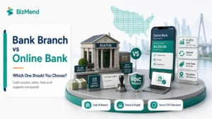Bank branch vs online bank comparison showing cash access, rates, fees, digital banking, and FDIC insurance