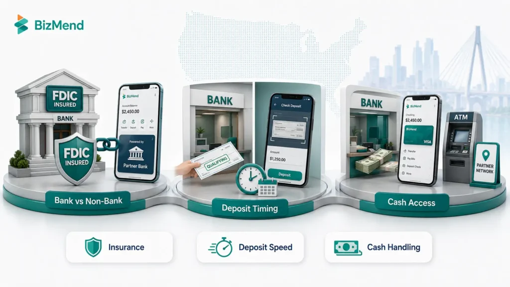 Key differences between a bank branch and online bank including deposit insurance, deposit timing, and cash access