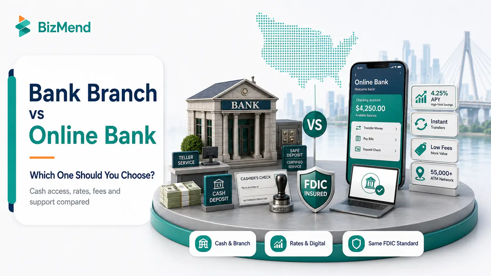 Bank branch vs online bank comparison showing cash access, rates, fees, digital banking, and FDIC insurance