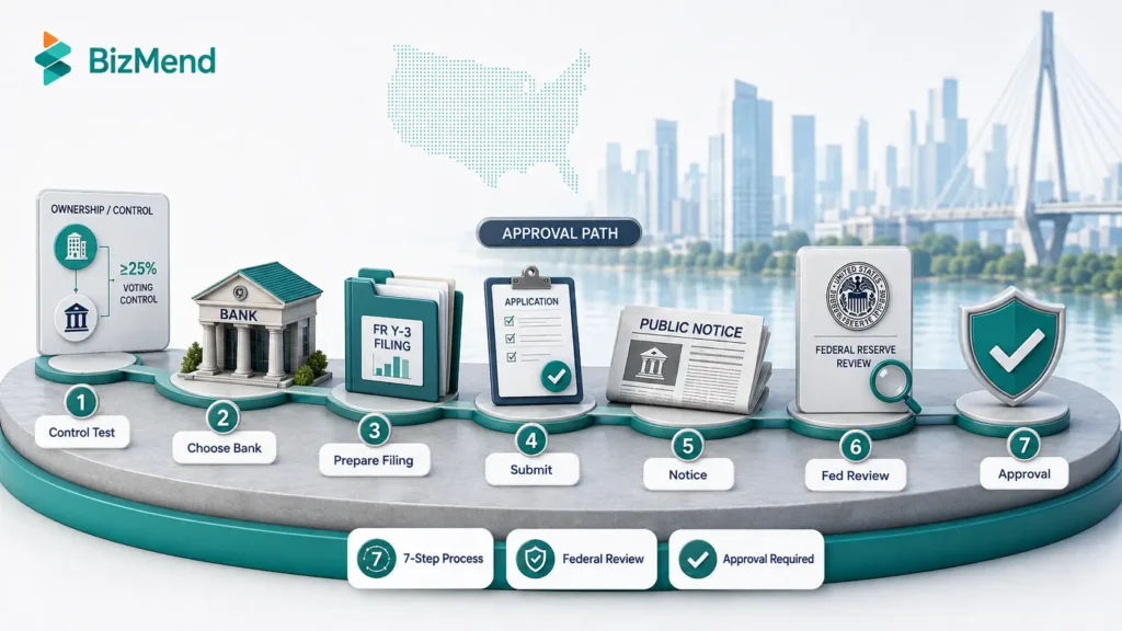 Step by step bank holding company approval process including control test filing notice and Federal Reserve review