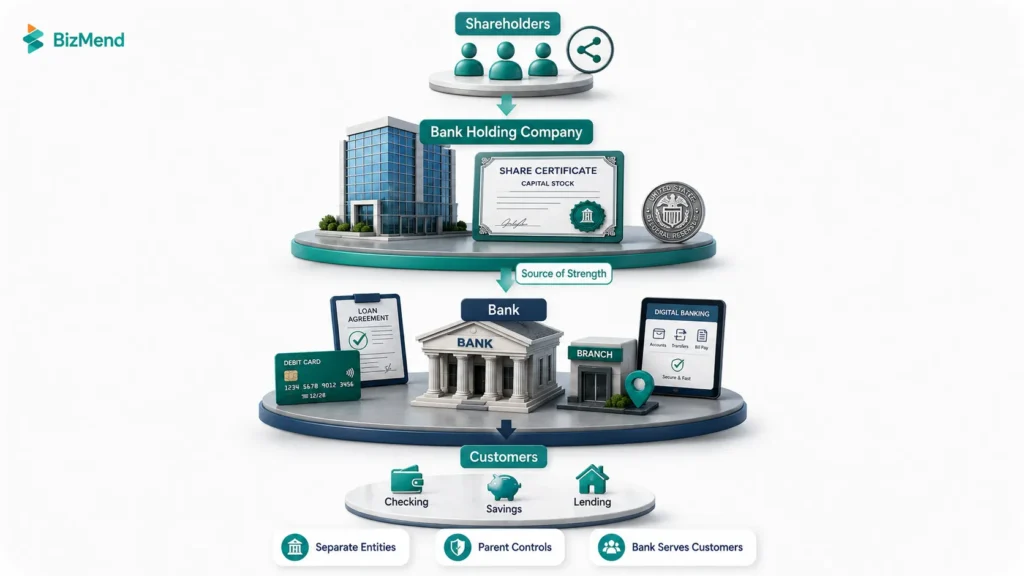 Bank holding company ownership structure showing shareholders, parent company, bank, and customers