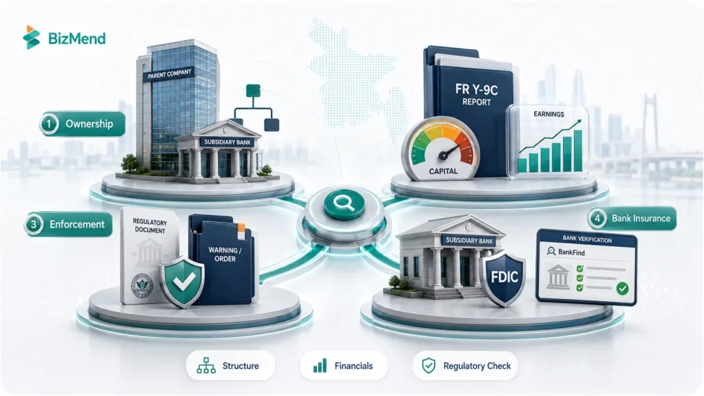 Key factors for evaluating a bank holding company including ownership, financial strength, enforcement, and FDIC status