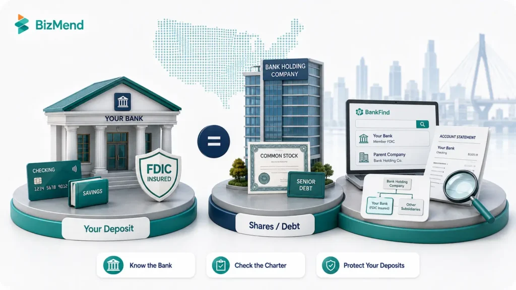 Difference between a bank holding company and an FDIC-insured bank showing deposits, parent company shares, and bank ownership records