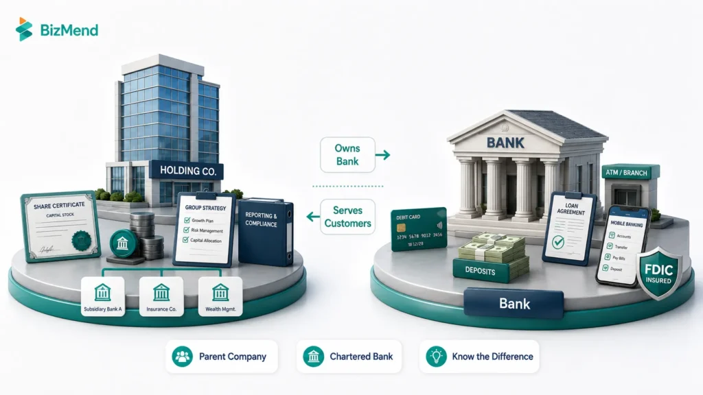 Difference between a bank holding company and a bank showing parent ownership and customer banking services