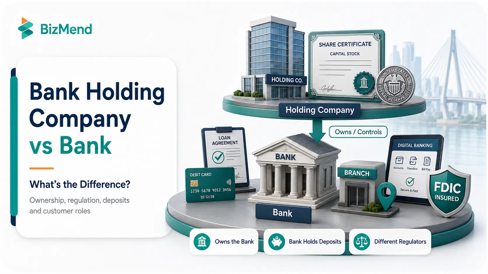 Bank holding company vs bank showing ownership, deposits, regulation, and customer banking roles