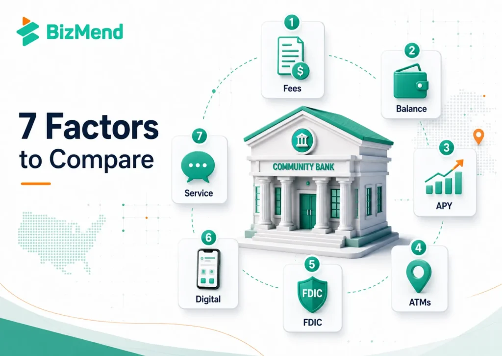 Seven key factors to compare when choosing a community bank, including fees, balance, APY, ATMs, FDIC insurance, digital tools, and service