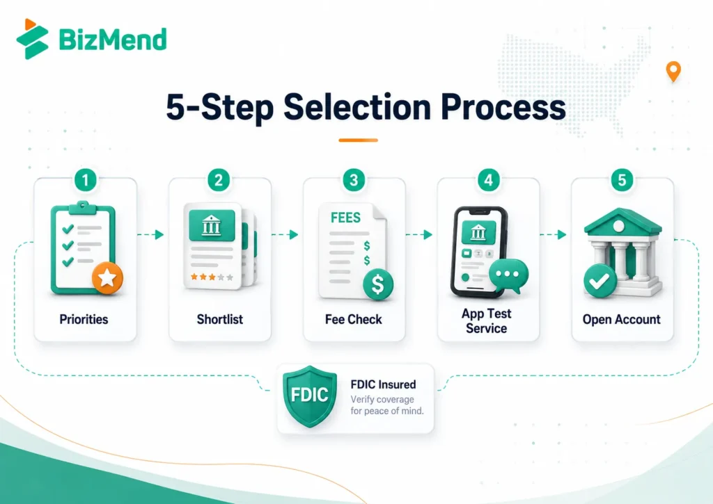 Five-step process for choosing the right community bank in the US, from ranking priorities to checking fees, testing service, and opening an account