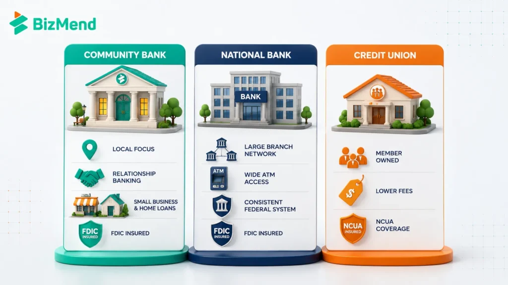 Community bank vs national bank vs credit union comparison showing local focus, relationship banking, branch network, FDIC insurance, and NCUA coverage