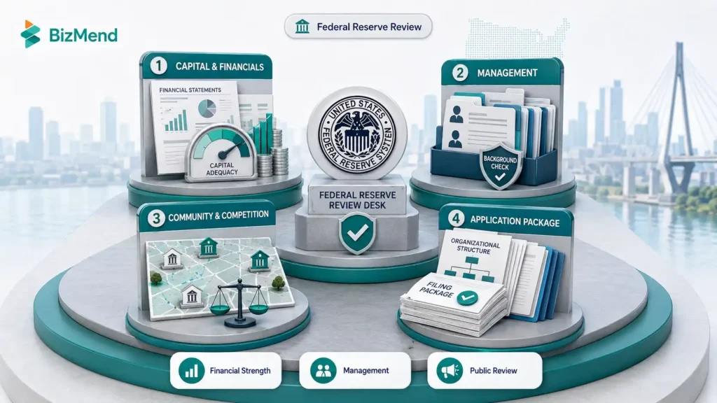 Federal Reserve review factors for a bank holding company application including capital management community and filing package