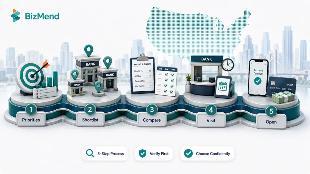 Five-step process to choose the right bank branch in the US by ranking priorities, shortlisting branches, comparing terms, visiting in person, and opening the account